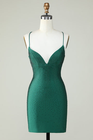 Vaina Spaghetti Straps Verde oscuro Vestido corto de bienvenida con abalorios